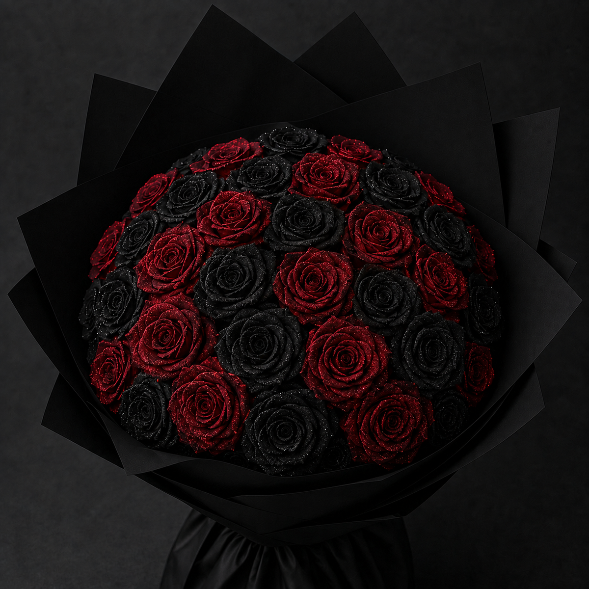Éternelle red and black mixed rose bouquet front view
